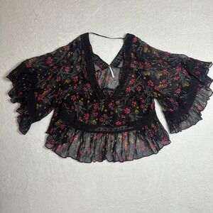 Free People Bright Lights Embroidered Blouse Small Black Floral Bell Sleeve Lace